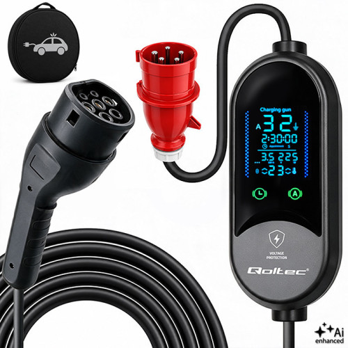 Qoltec Mobile EV Electric Car Charger with 2in1 Type 2 Adjustment | 7kW | 230V | CEE 32A | LED | 5m