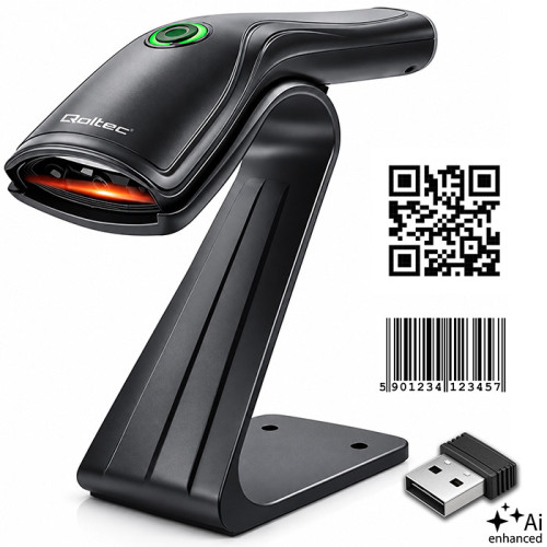 Qoltec Precise Wireless Barcode Scanner 1D 2D + Scanner Stand  | QR | EAN | USB 