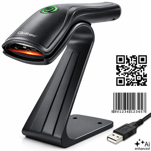 Qoltec Barcode Scanner 1D 2D + Scanner Stand  | QR | EAN | USB 