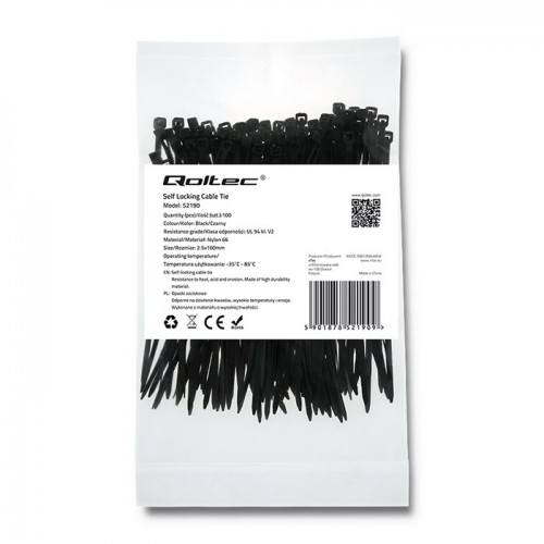 Qoltec Self-locking cable tie | 2.5*100mm | 100 pcs. | Nylon66 | UV | Black
