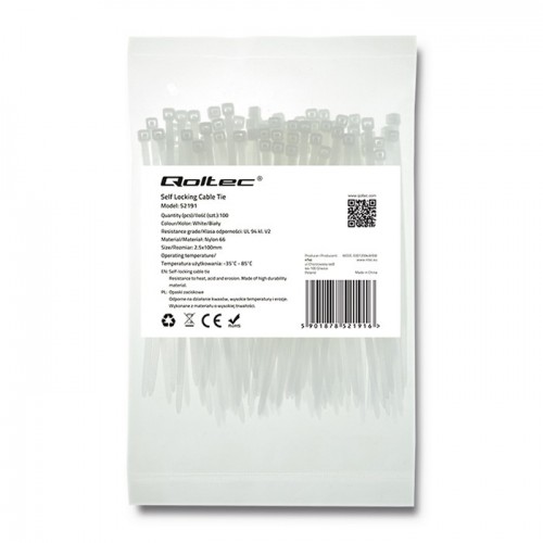 Qoltec Self-locking cable tie | 2.5*100mm | 100 pcs. | Nylon66 | UV | White